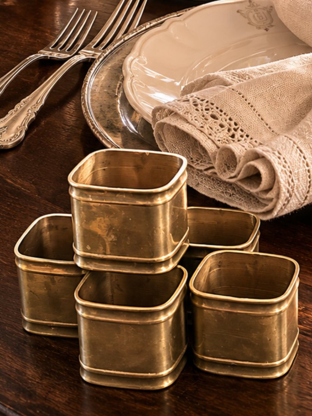 Set of 5 Vintage Aged Brass Square Rolled Edge Napkin Rings